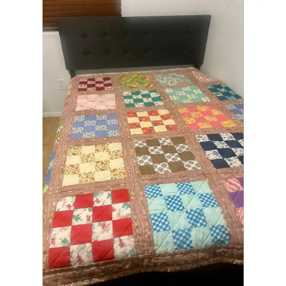 Vintage Handmade Reversible Patchwork Quilt - Checkerboard - Cottagecore 76 x 76